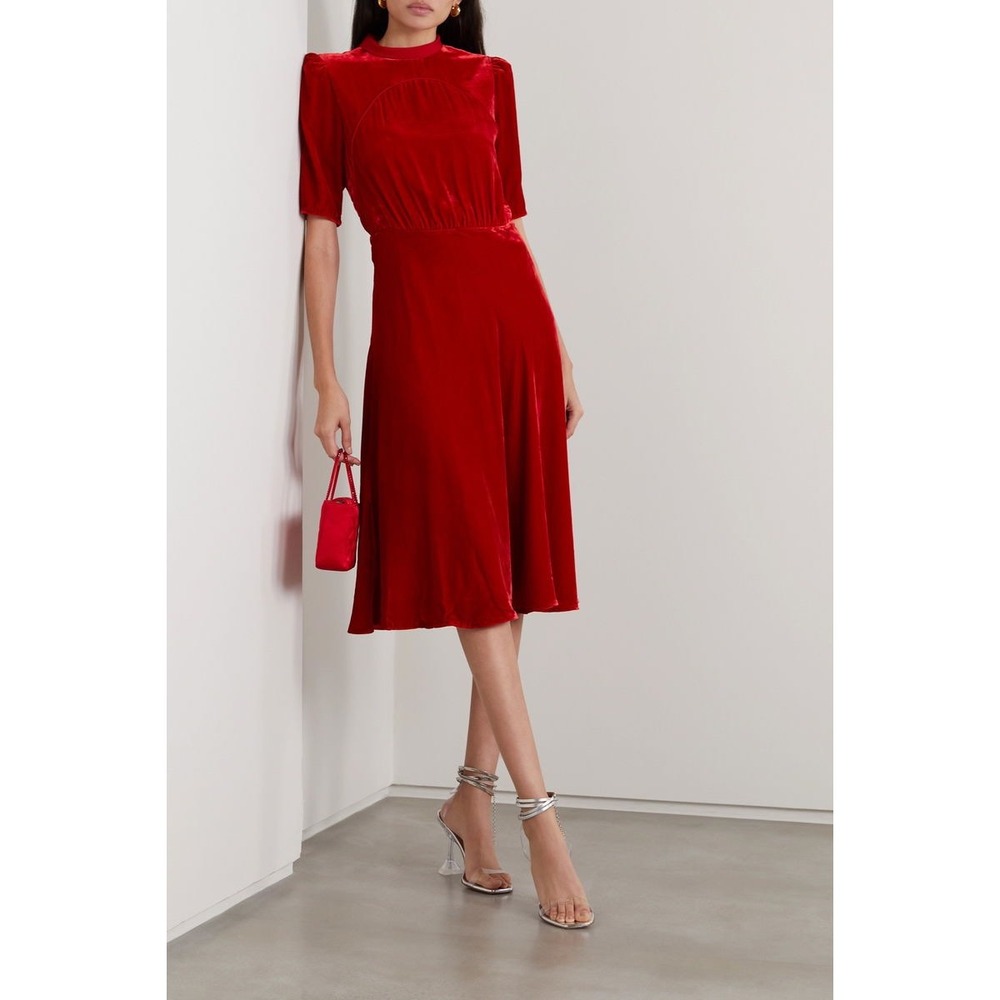 Saloni Dahila Red Velvet Silk Chiffon Midi Dress Chic Elegant Size 6 Puff Sleeve